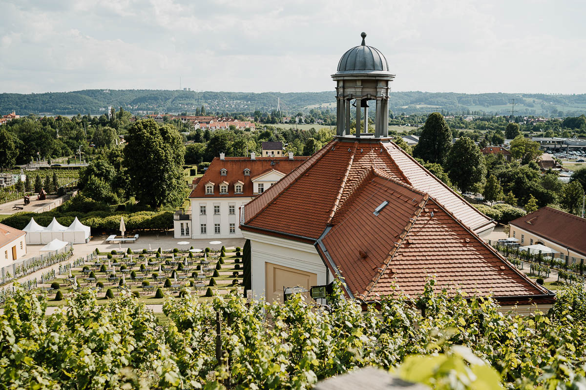 Blick aus den Weinbergen vorbei am Belvedere und Standesamt hin zum Schloss Wackerbarth.